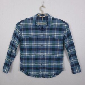Free People Plaid Button Down Women S Blue Teal Raw Hem Boho Grunge